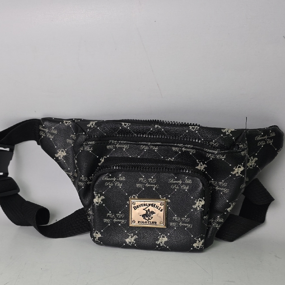 Beverly Hills Polo Club Black‎ Patterned Belt Bag Faux Leather Zip Pockets